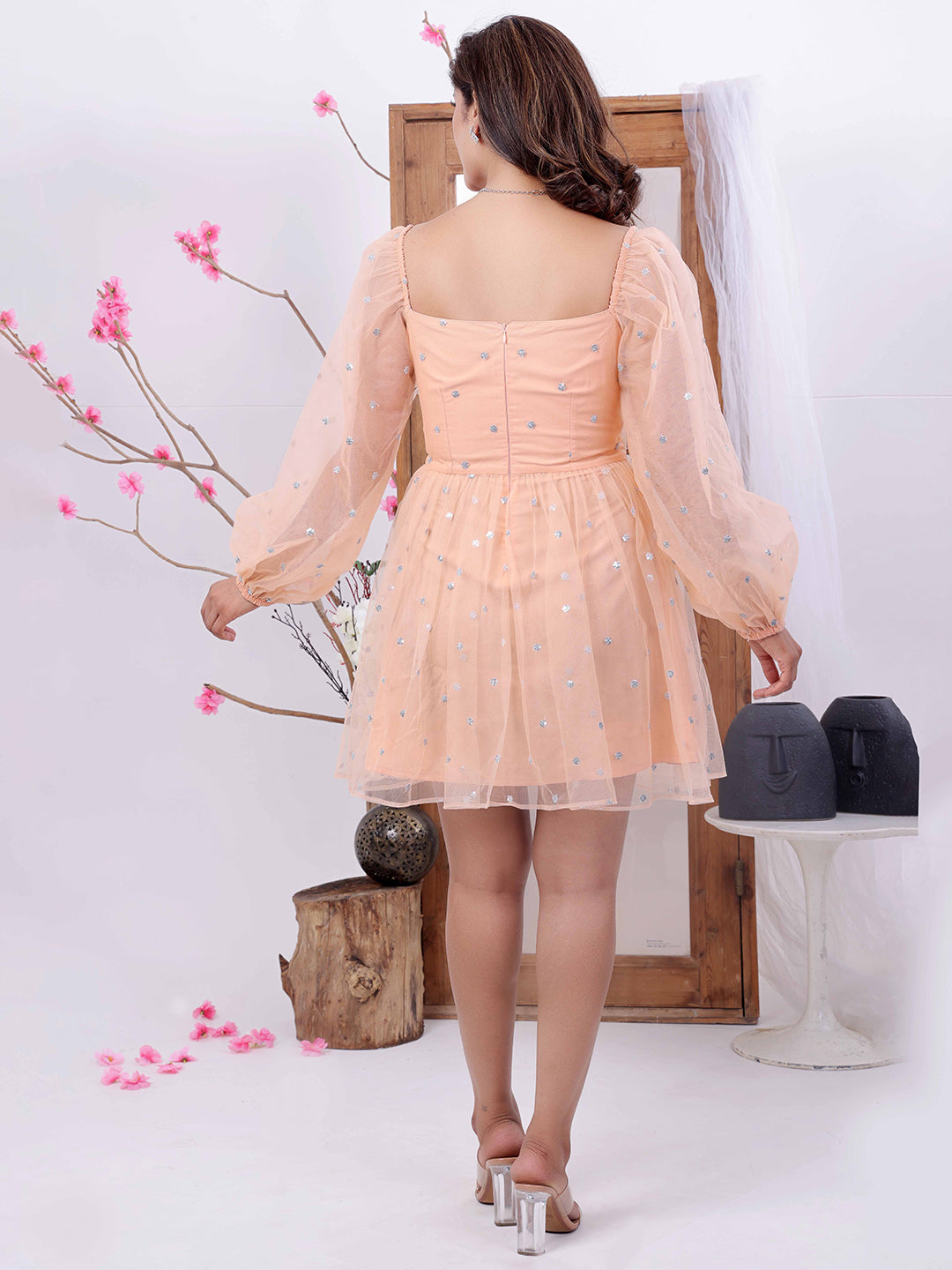 Bollywood Vogue Ready To Wear Peach Embroidered Net Dress - Back View