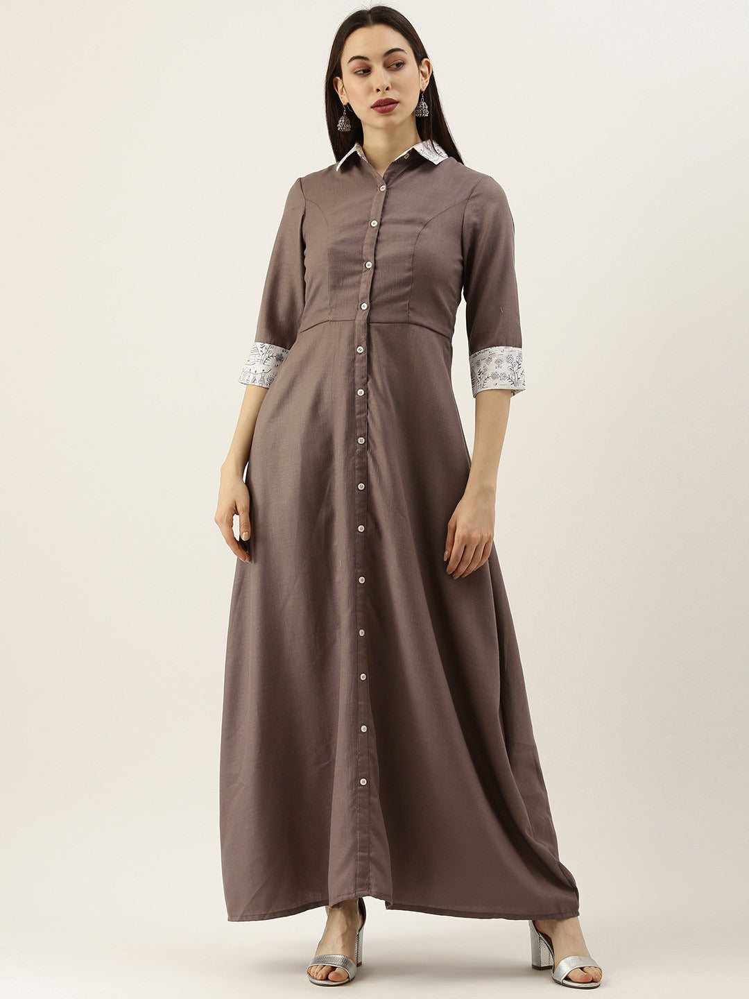 Bollywood Vogue Ready To Wear Brown N White Rayon Shirt Dress - Front View