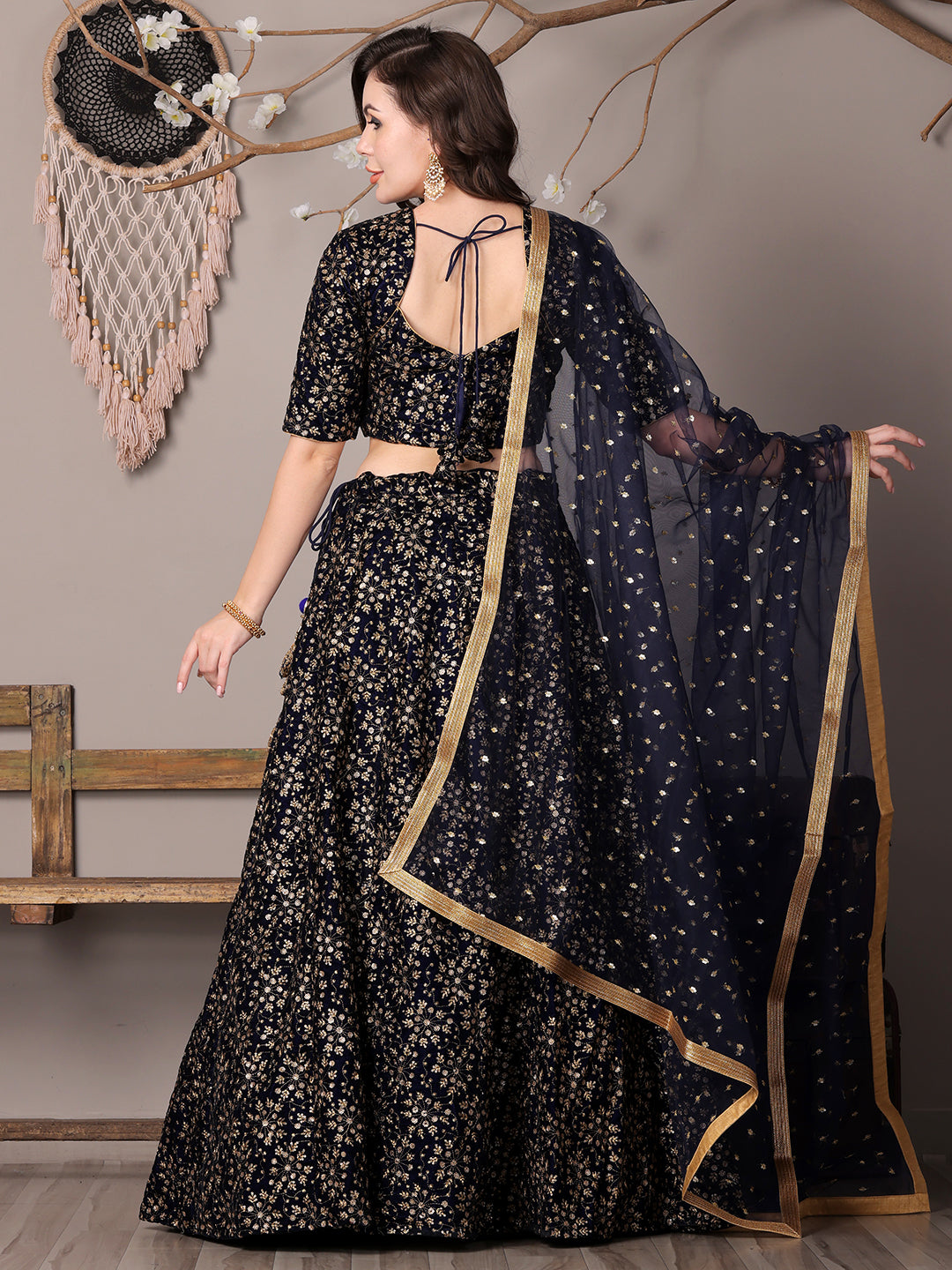 Bollywood Vogue Ready To Wear Blue Embroidered Velvet Lehenga - Side View