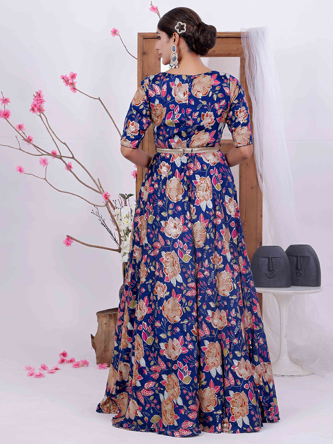 Bollywood Vogue Ready To Wear Blue Viscose Printed Gown - Back View