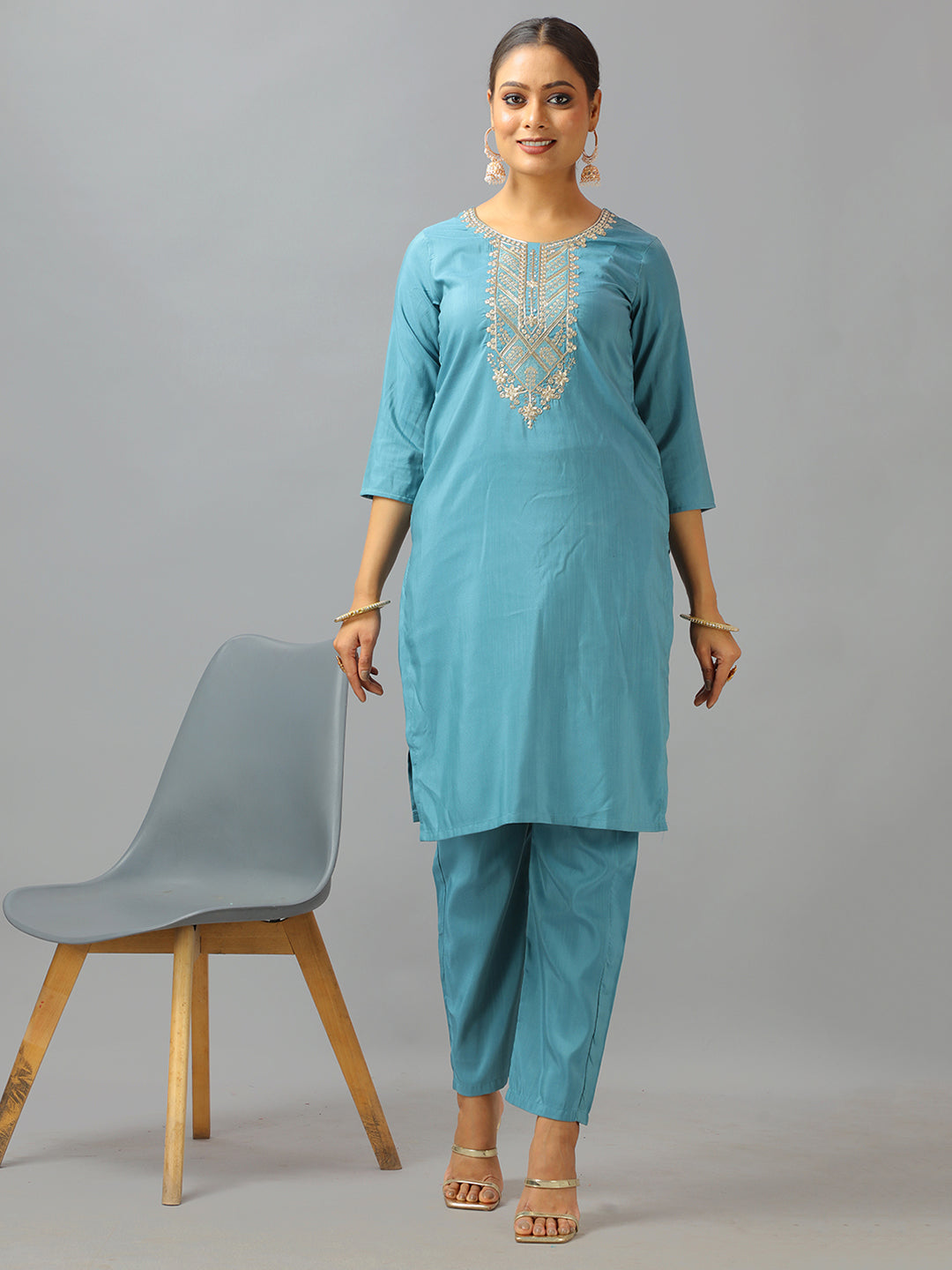 Bollywood Vogue Ready To Wear Blue Art Silk Embroidered Straight Pant Suit - Additional View 1