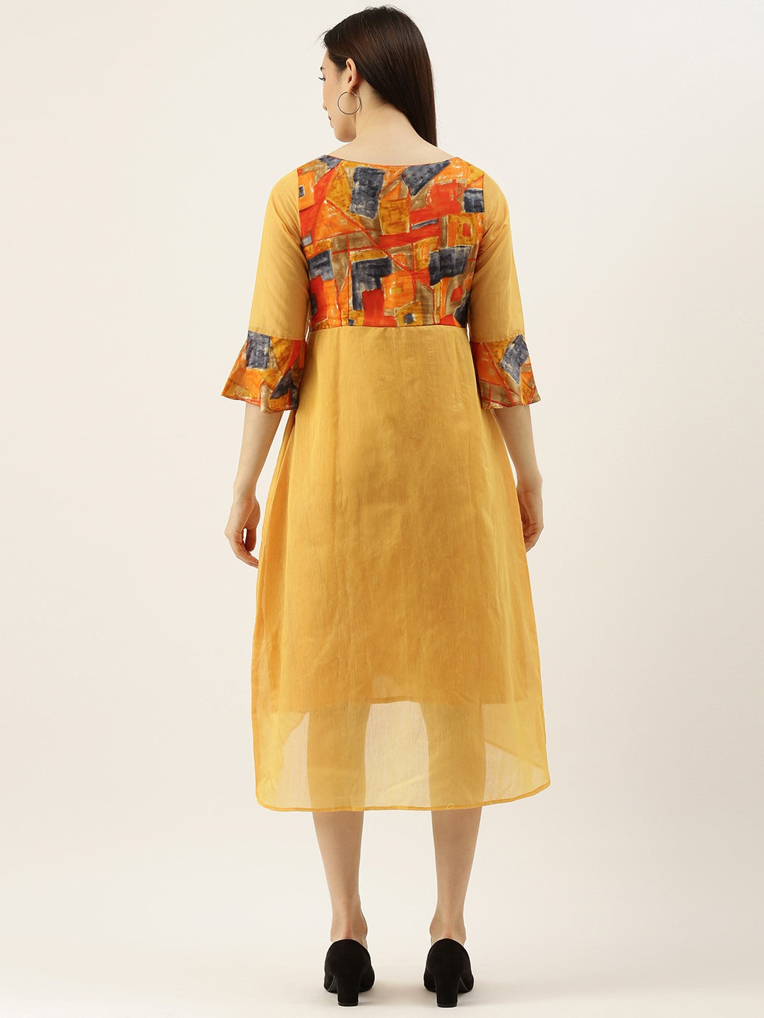Bollywood Vogue Ready To Wear Multicolored N Mustard Digital Printed A line Dress - Back View