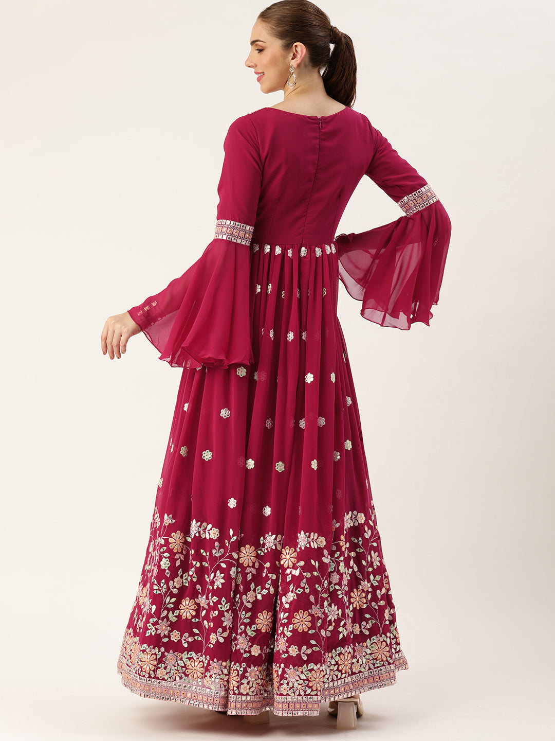 Bollywood Vogue Ready To Wear Pink Georgette Embroidered Gown - Side View