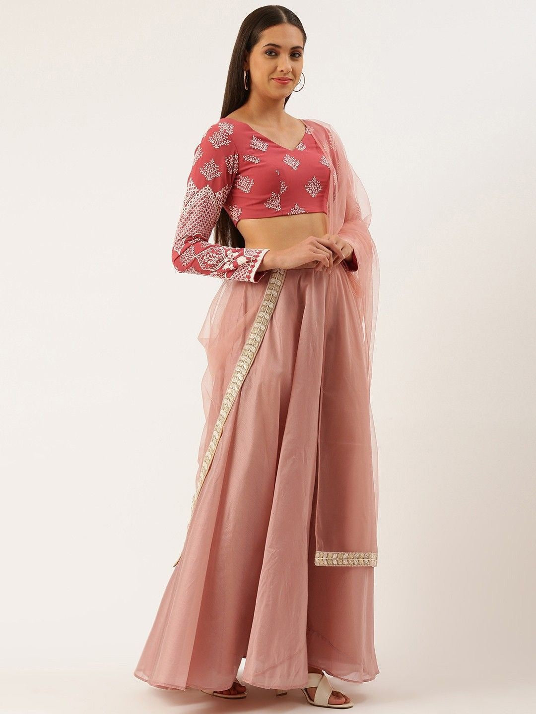 Bollywood Vogue Ready To Wear Mauve Georgette Embroidered Low V Neck Lehenga Set - Look Shot