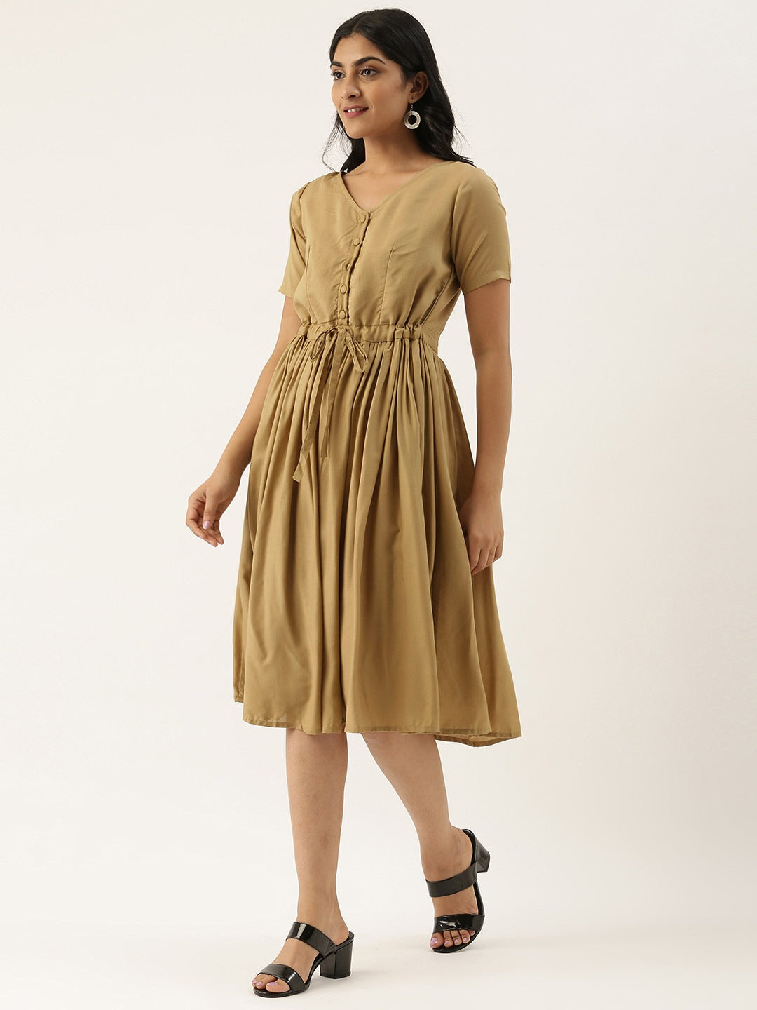 Bollywood Vogue Ready To Wear Khaki Modal V Neck Dress - Side View