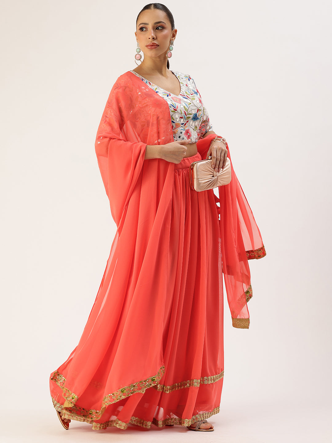 Bollywood Vogue Ready To Wear Multicolored Embroidered Gather Style Lehenga Set - Detail View