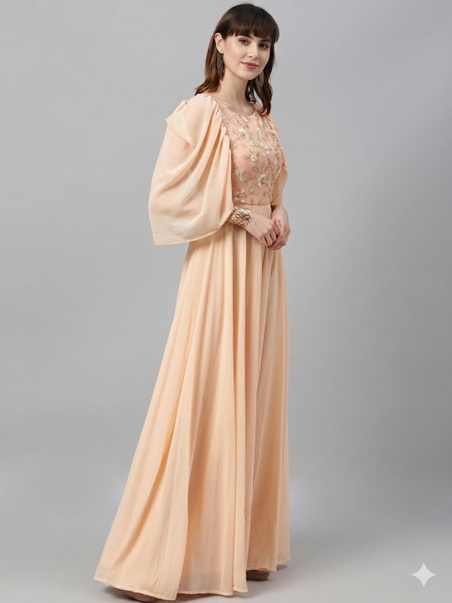Bollywood Vogue Ready To Wear Peach Embroidered Round Neck Gown - Side View