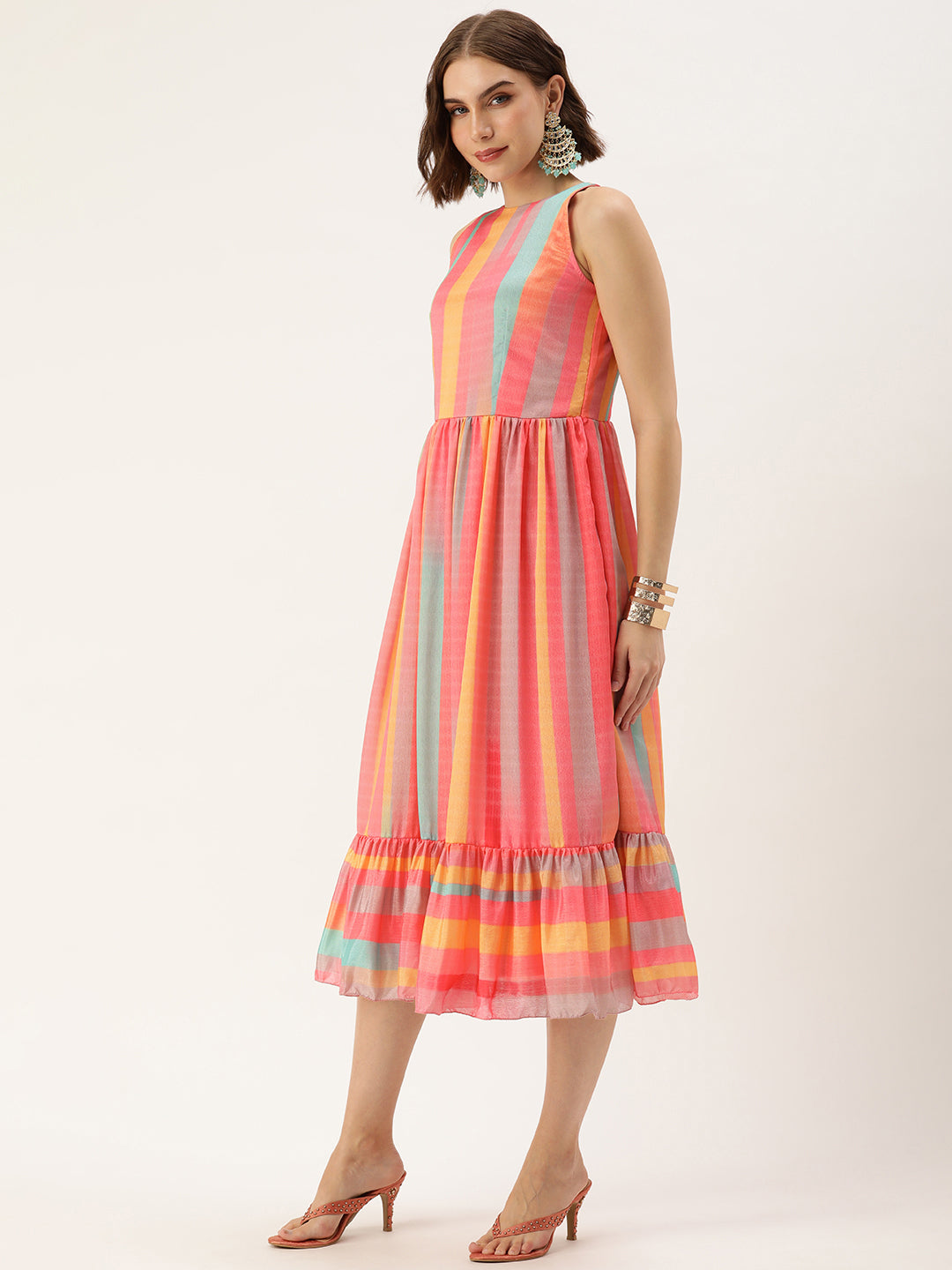 Bollywood Vogue Ready To Wear Multicolor Print Chinon Dress - Side View
