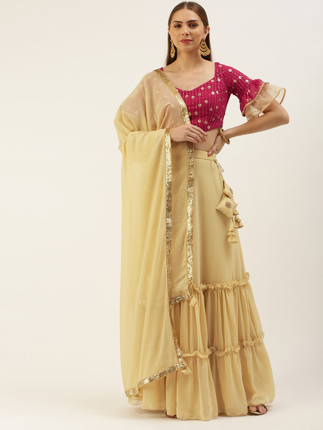 Bollywood Vogue Ready To Wear Dark Pink Sequins Embroidered N Beige Georgette Lehenga - Front View