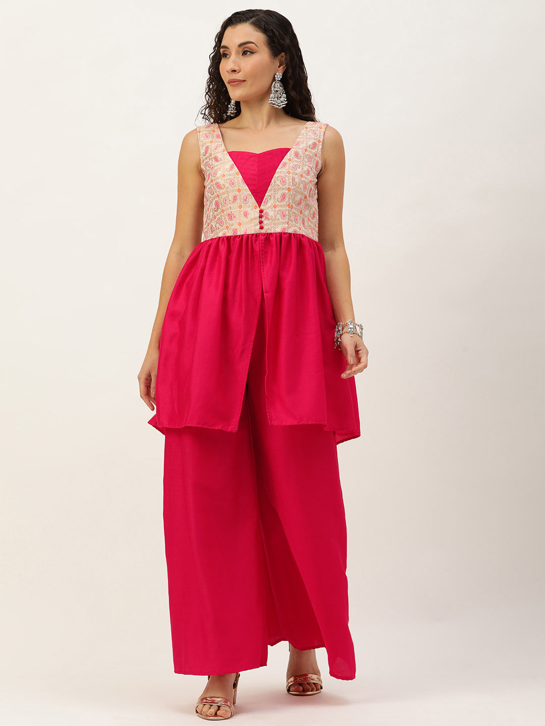 Bollywood Vogue Ready To Wear White Tie N Dye Nylon N Pink Kurta Set - Front View