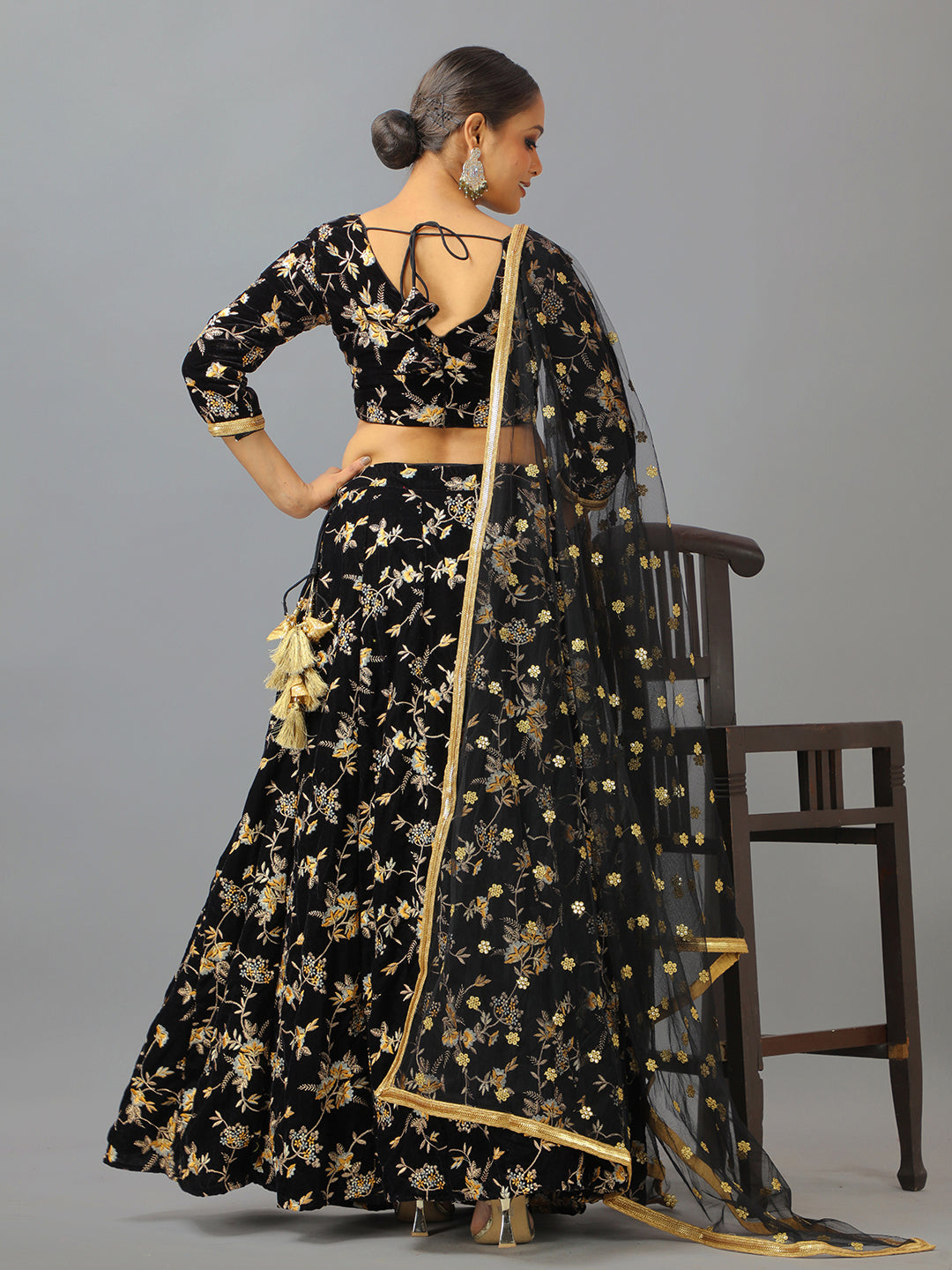 Bollywood Vogue Ready To Wear Black Velvet Embroidered Lehenga Set - Back View