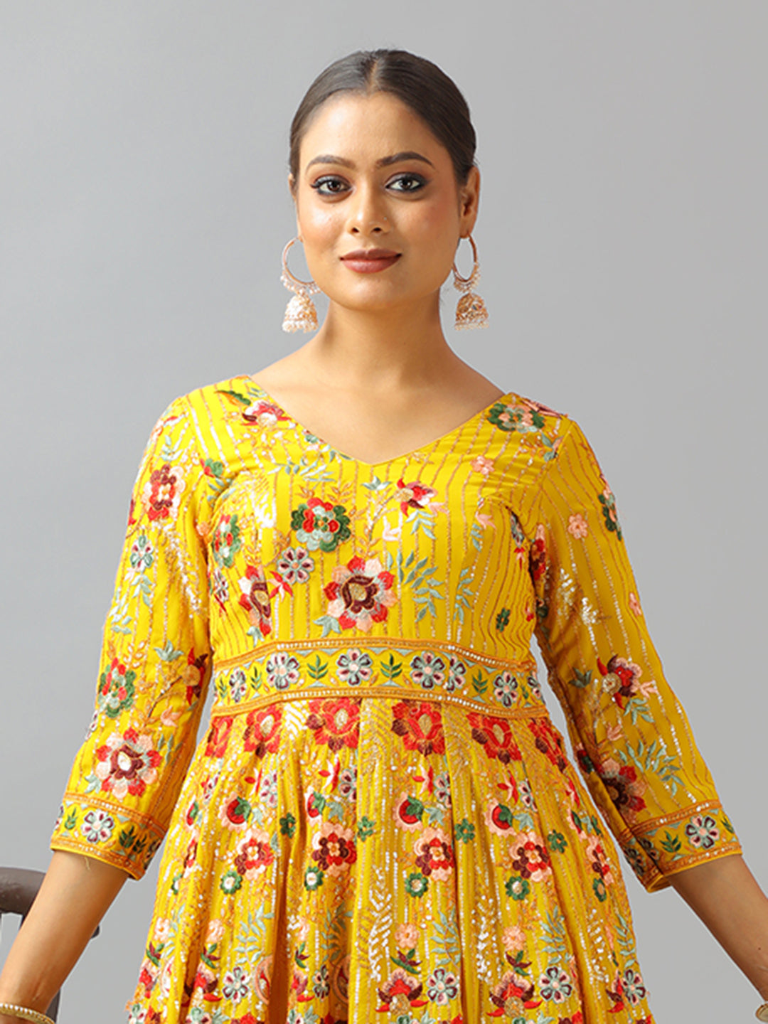 Bollywood Vogue Ready To Wear Classic Top N Mustard Embroidered Anarkali Suit - Detail View