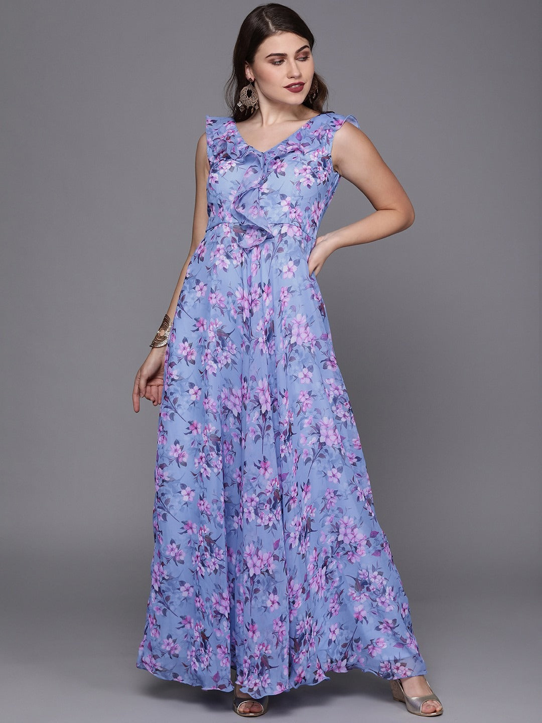 Bollywood Vogue Ready To Wear Blue Digital Print V Neck Gown - Front View
