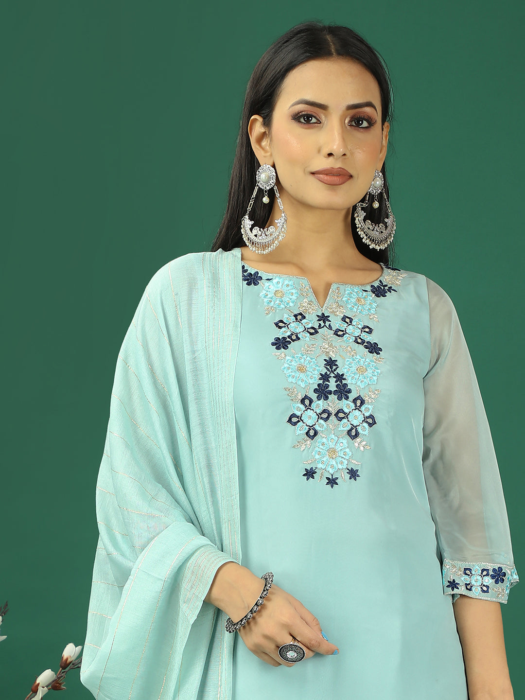 Bollywood Vogue Ready To Wear Blue Organza Embroidred Straight Pant Suit - Detail View