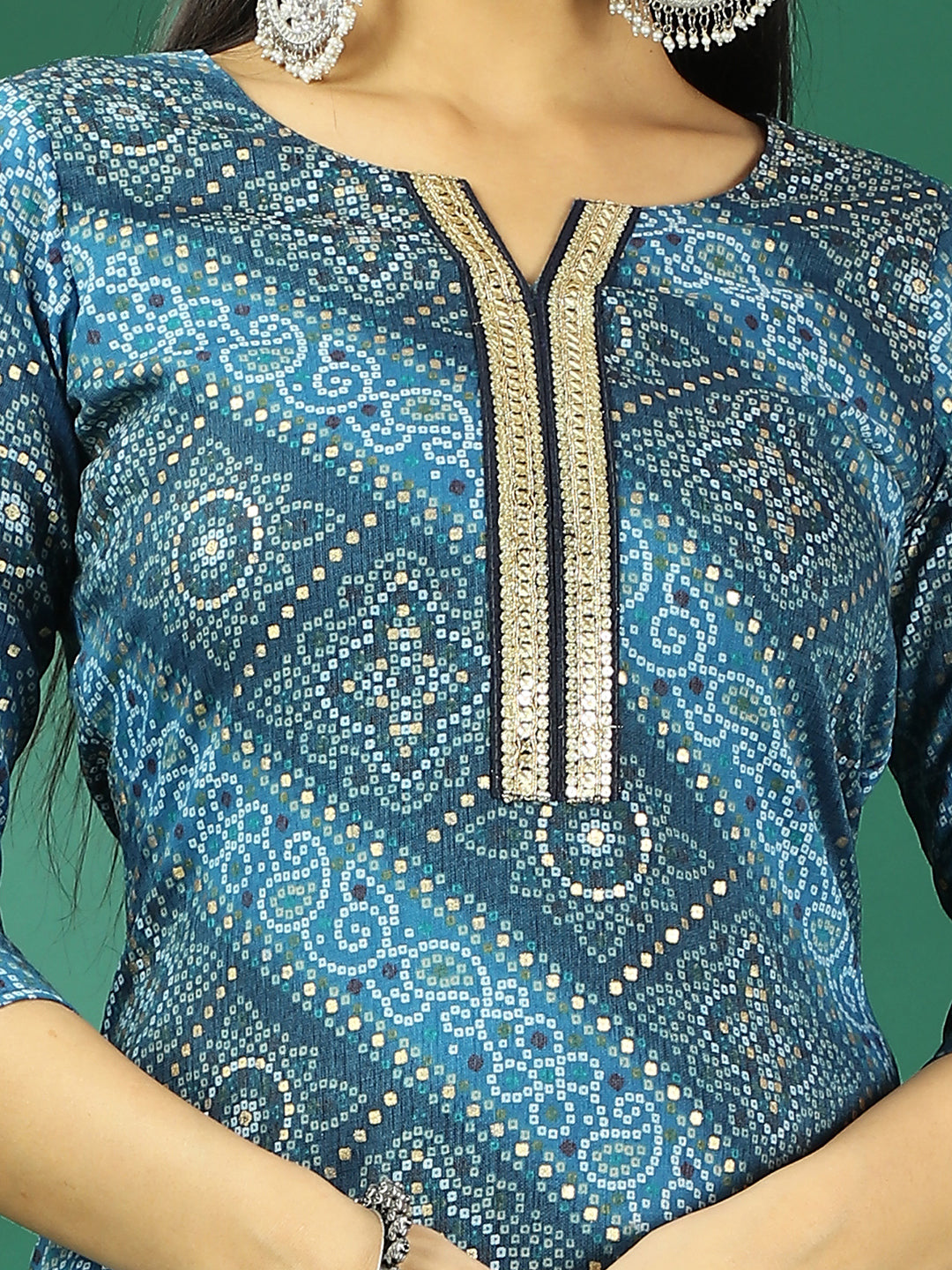Bollywood Vogue Ready To Wear Blue Foil Print Art Silk Kurta Set - Detail View