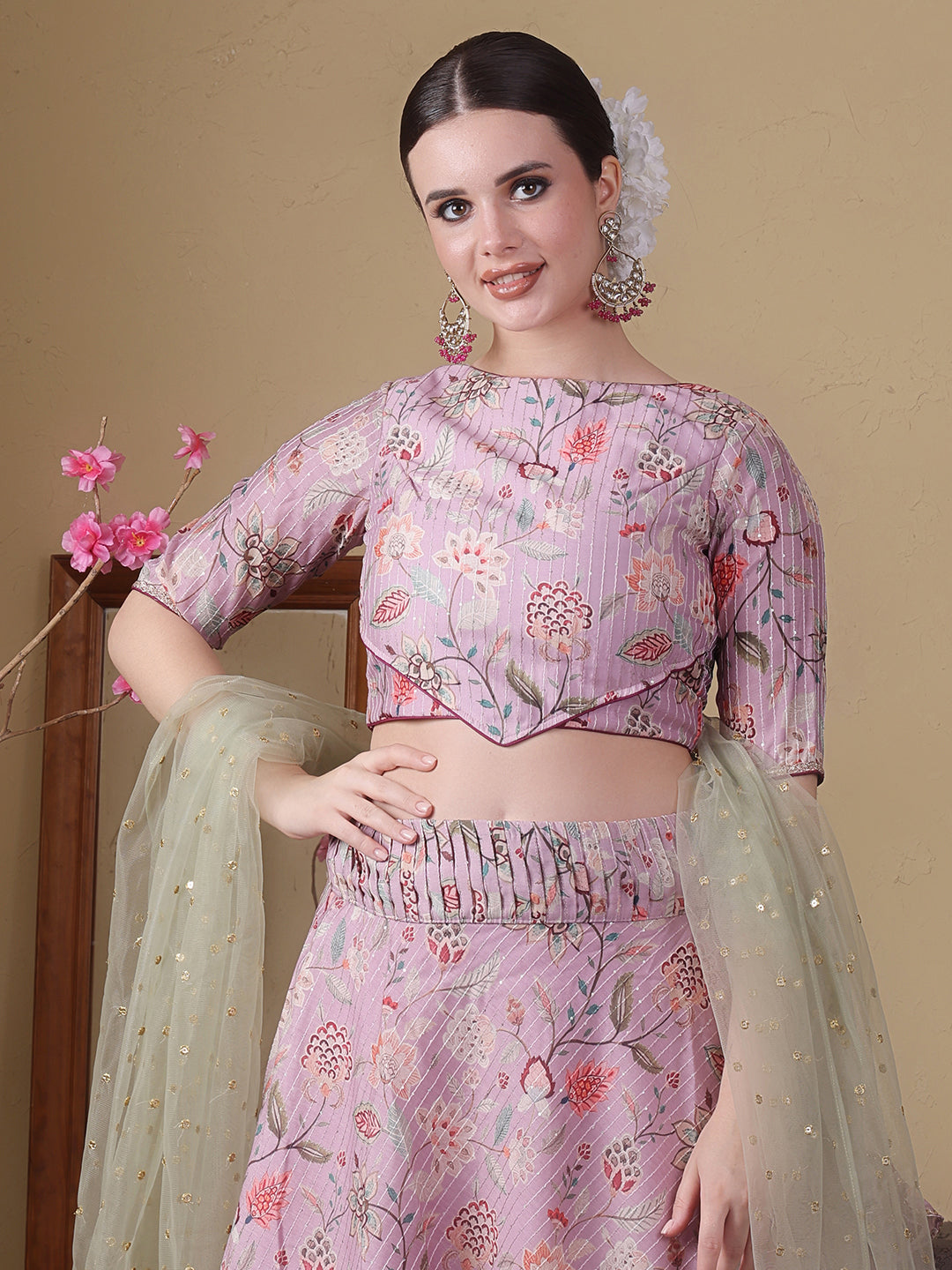 Bollywood Vogue Ready To Wear Mauve Digital Printed Boat Neck Lehenga - Look Shot