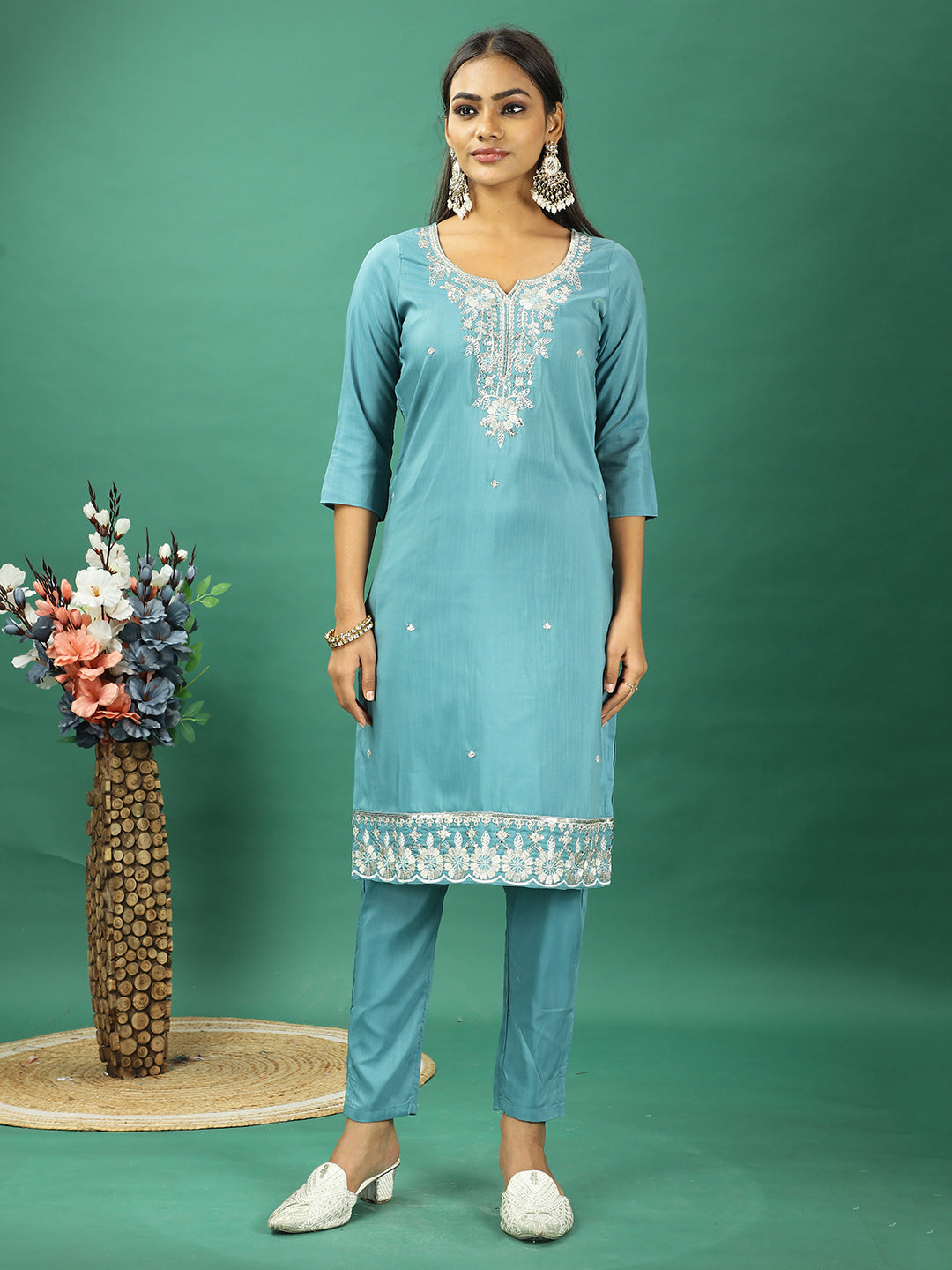 Bollywood Vogue Ready To Wear Turquoise Blue Silk Narrow Straight Pant Suit - Side View