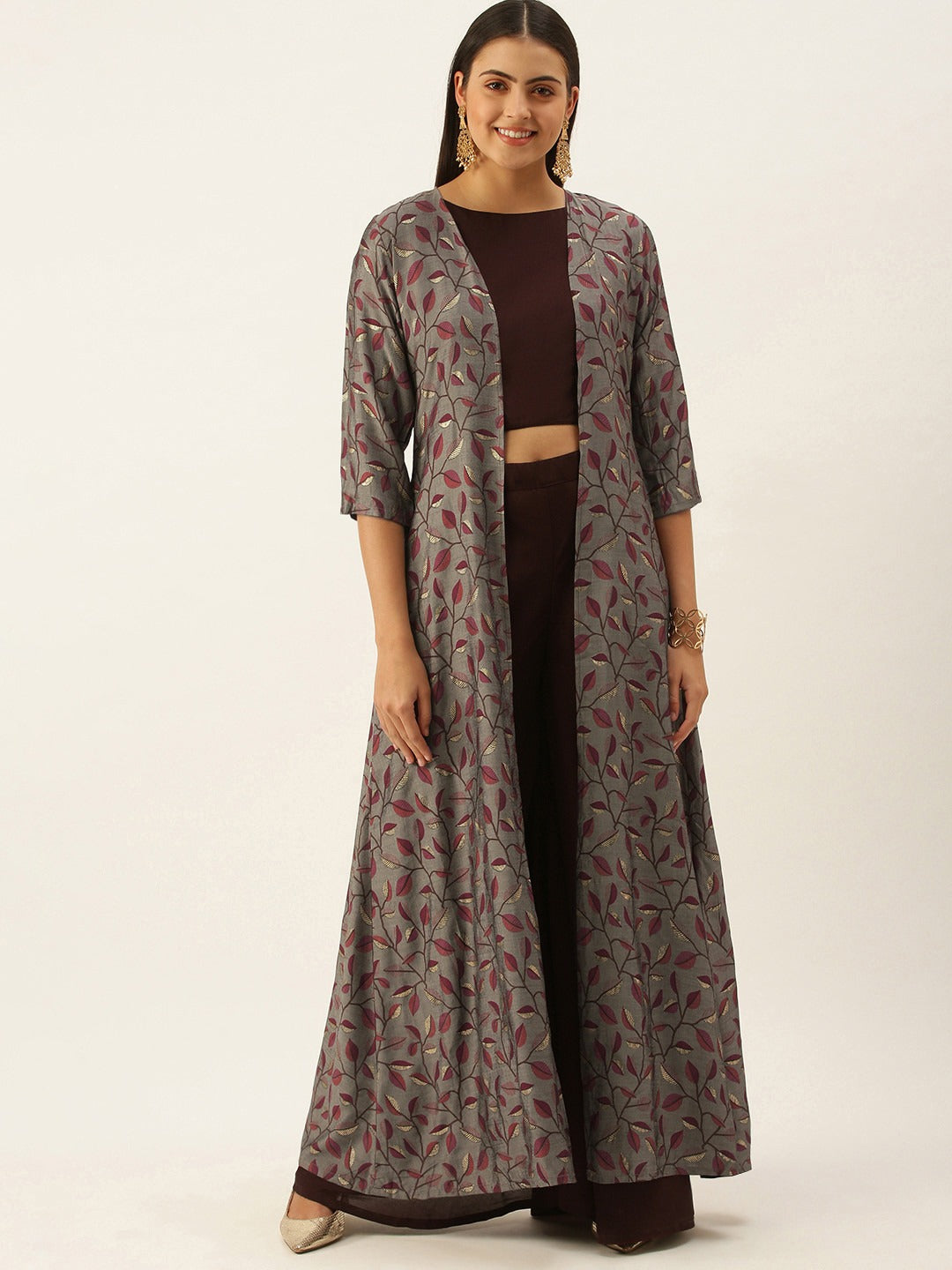 Bollywood Vogue Ready To Wear Purple Blouse N Palazzo Pant With Grey Jacket - Front View