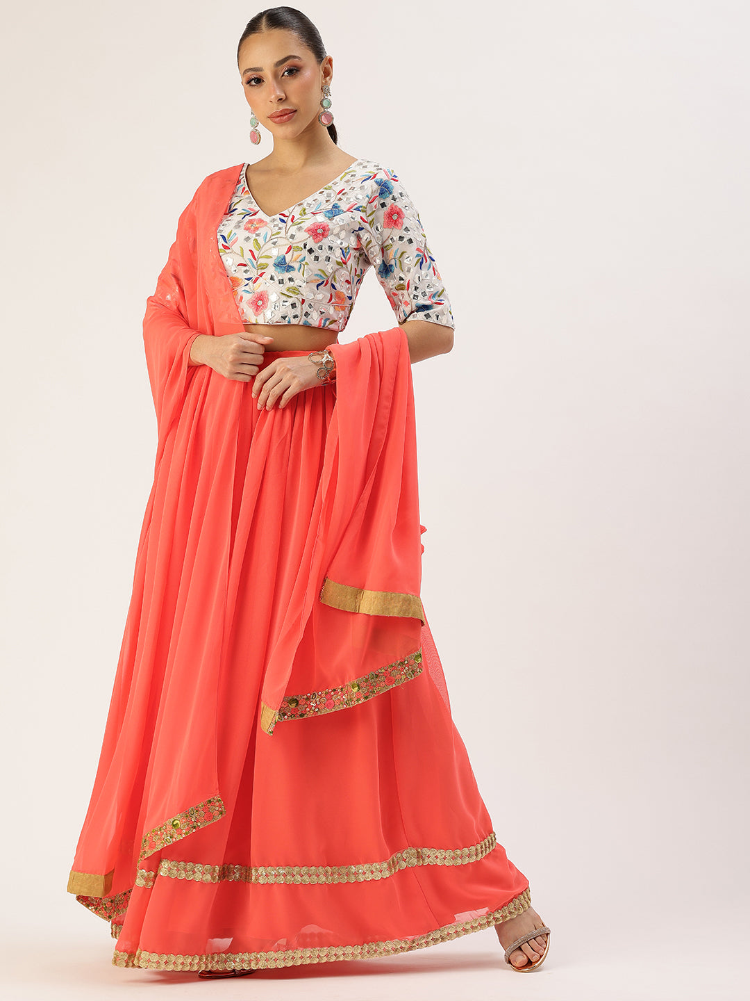 Bollywood Vogue Ready To Wear Multicolored Embroidered Gather Style Lehenga Set - Front View