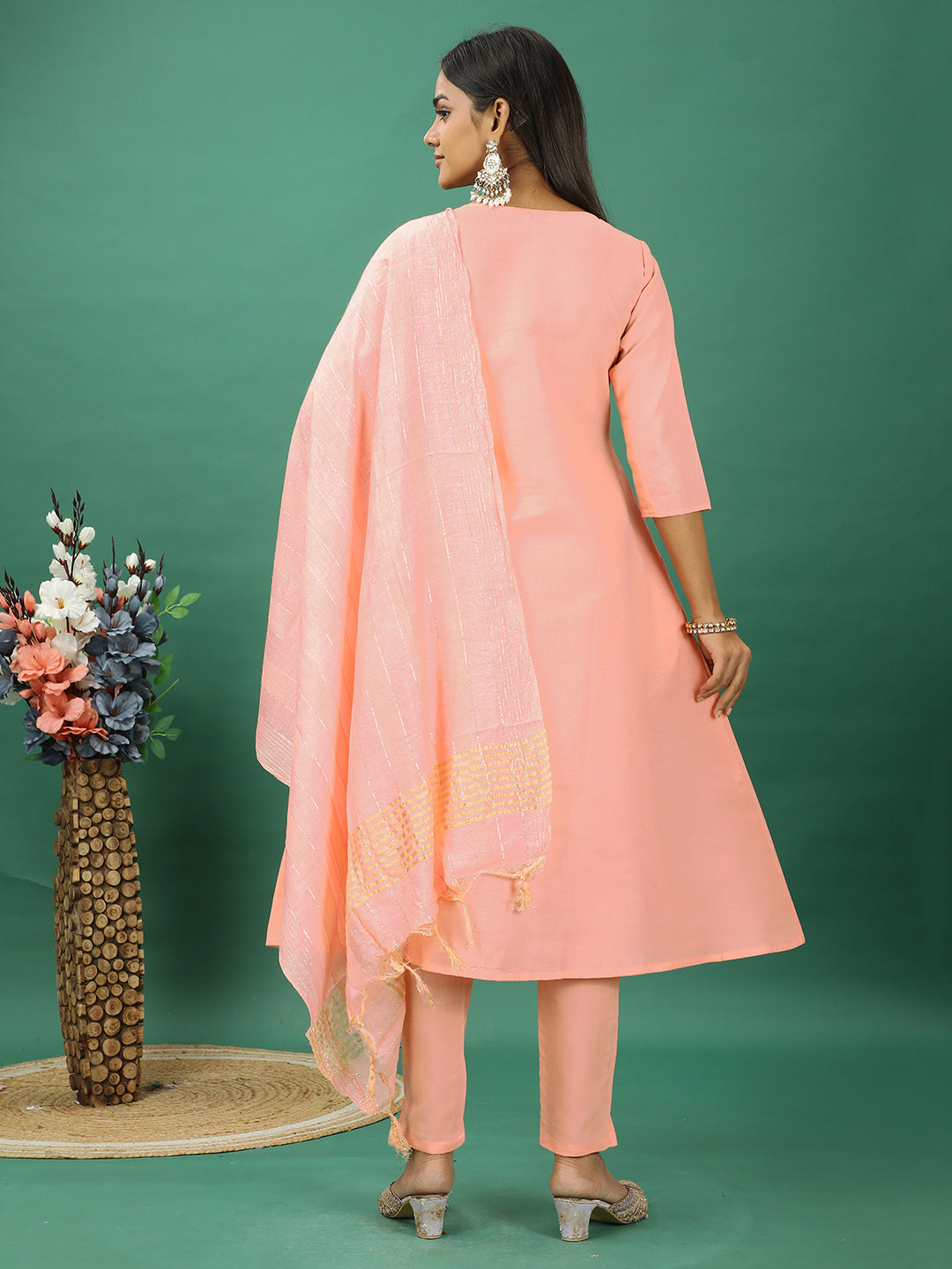 Bollywood Vogue Ready To Wear Peach Rayon Embroidered Narrow Straight Pant Suit - Back View