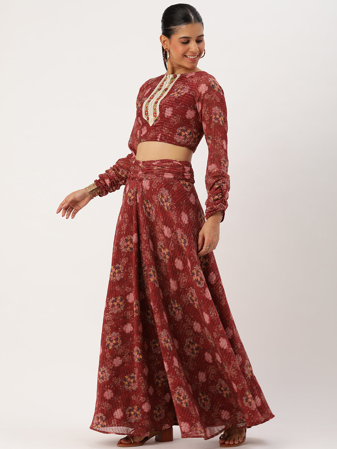 Bollywood Vogue Ready To Wear Wine Georgette Digital Printed Lehenga Set - Side View