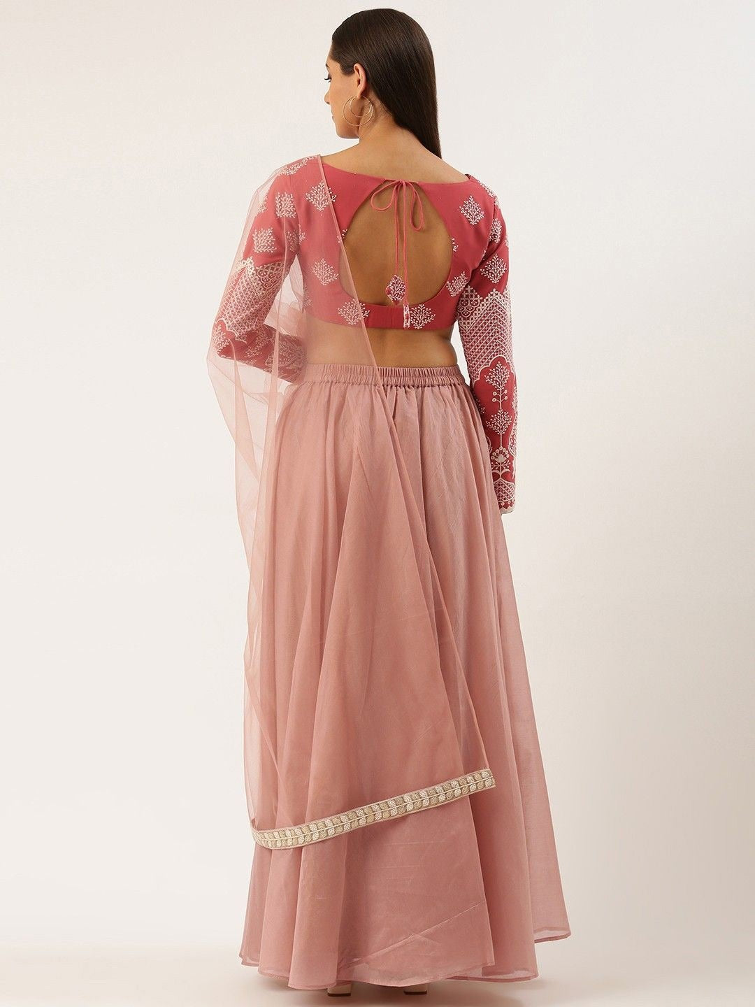 Bollywood Vogue Ready To Wear Mauve Georgette Embroidered Low V Neck Lehenga Set - Back View
