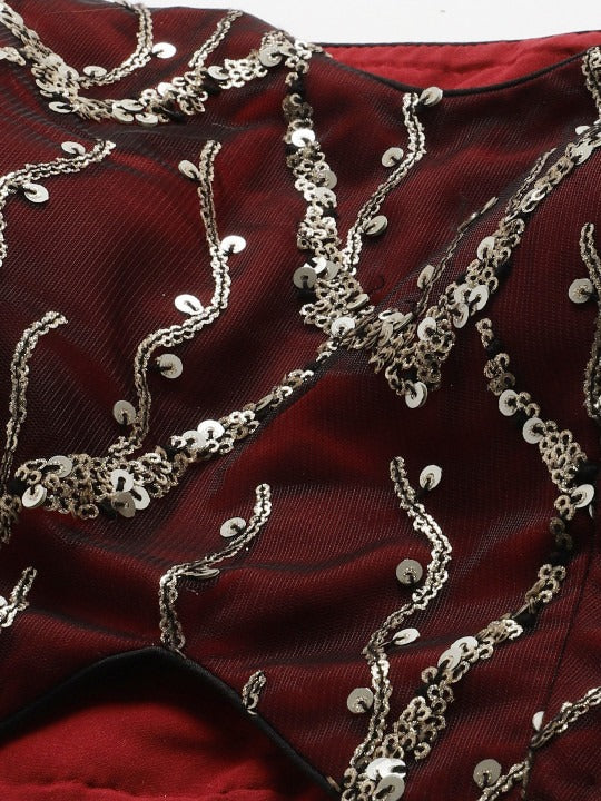 Bollywood Vogue Ready To Wear Maroon N Black Sweetheart Neck Umbrella Lehenga - Detail View