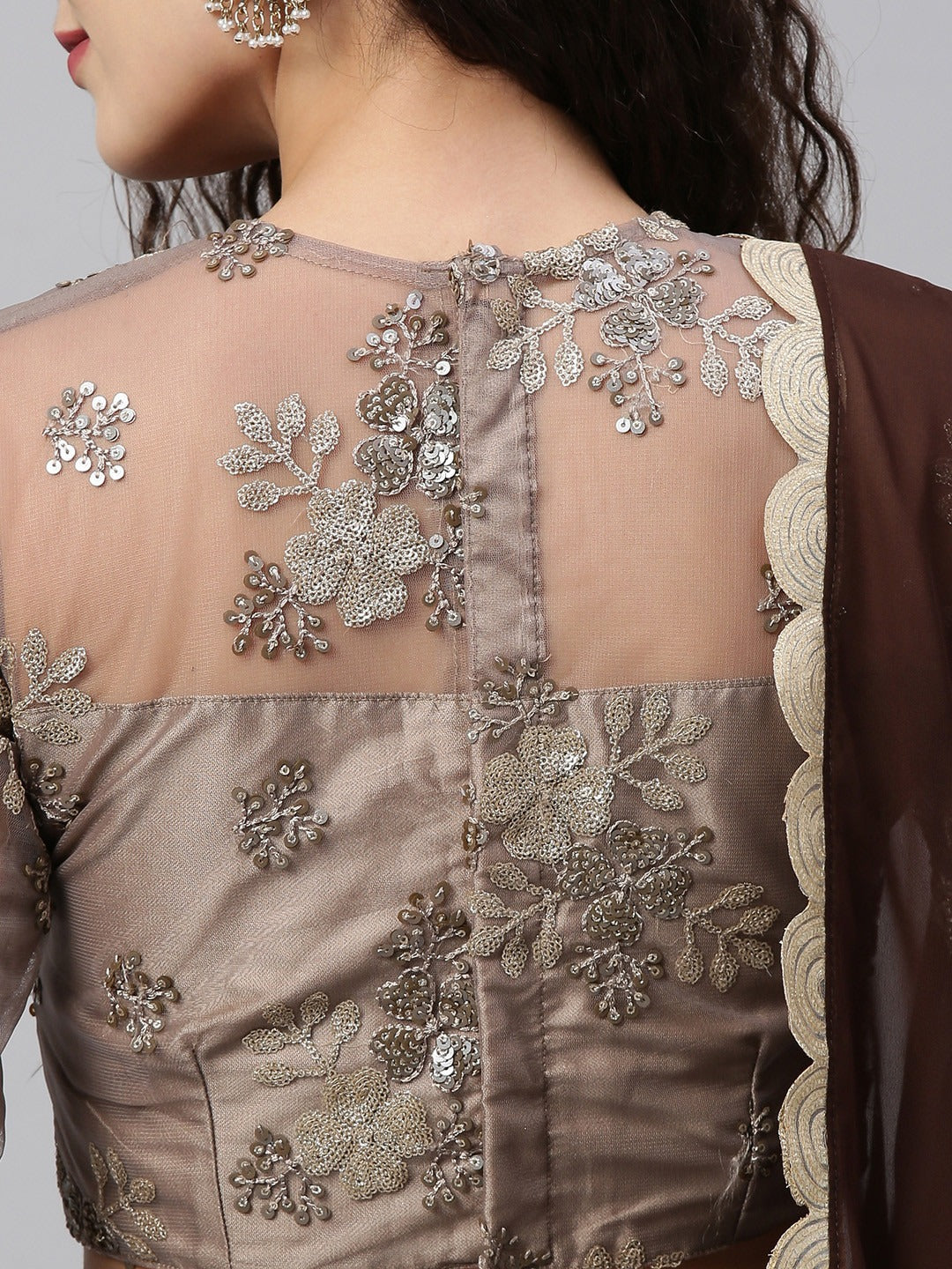 Bollywood Vogue Ready To Wear Grey Embroidered Net N Brown Lehenga Set - Detail View
