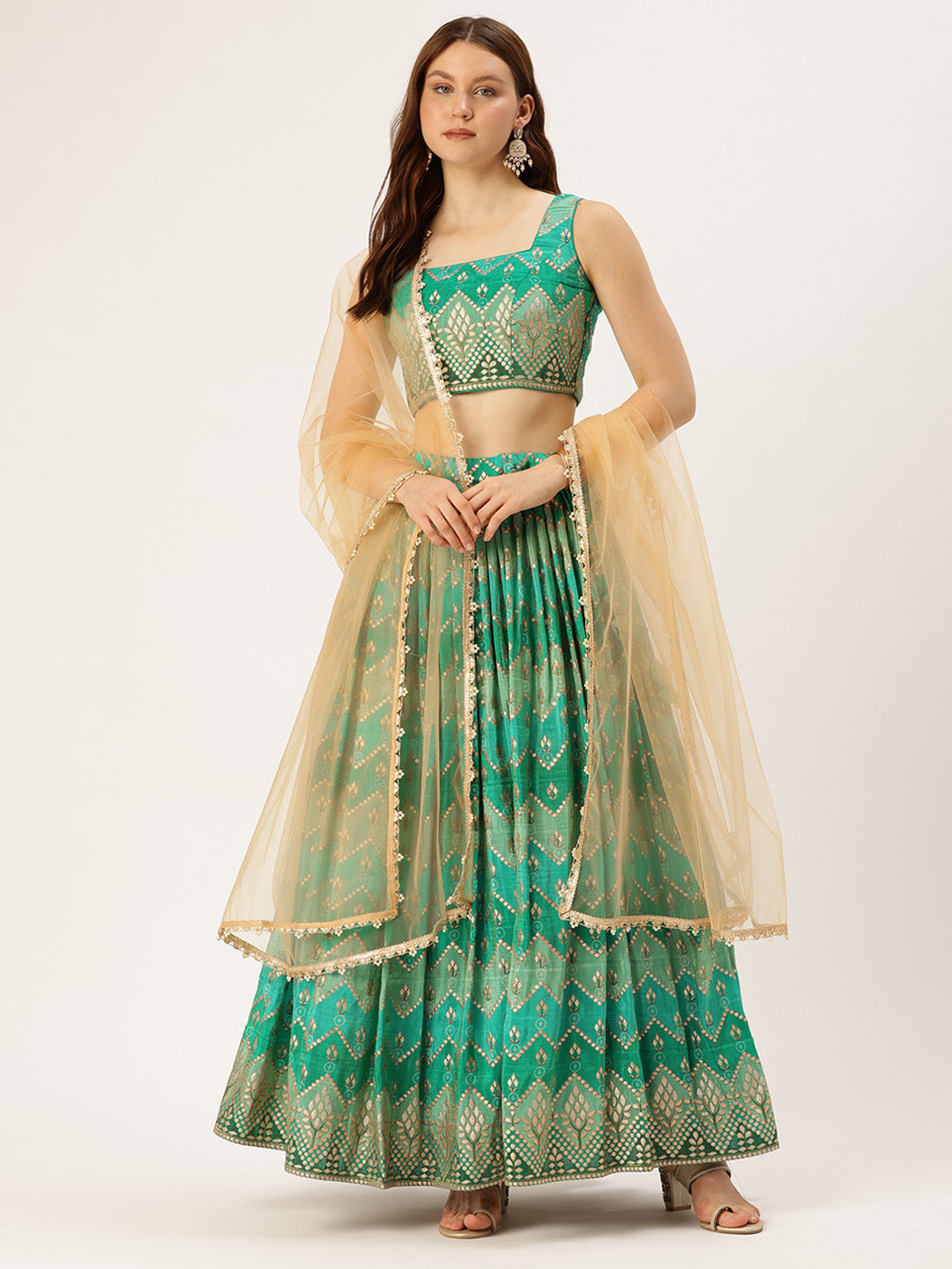 Bollywood Vogue Ready To Wear Green Art Silk Print Zari Pleated Lehenga Set - Front View
