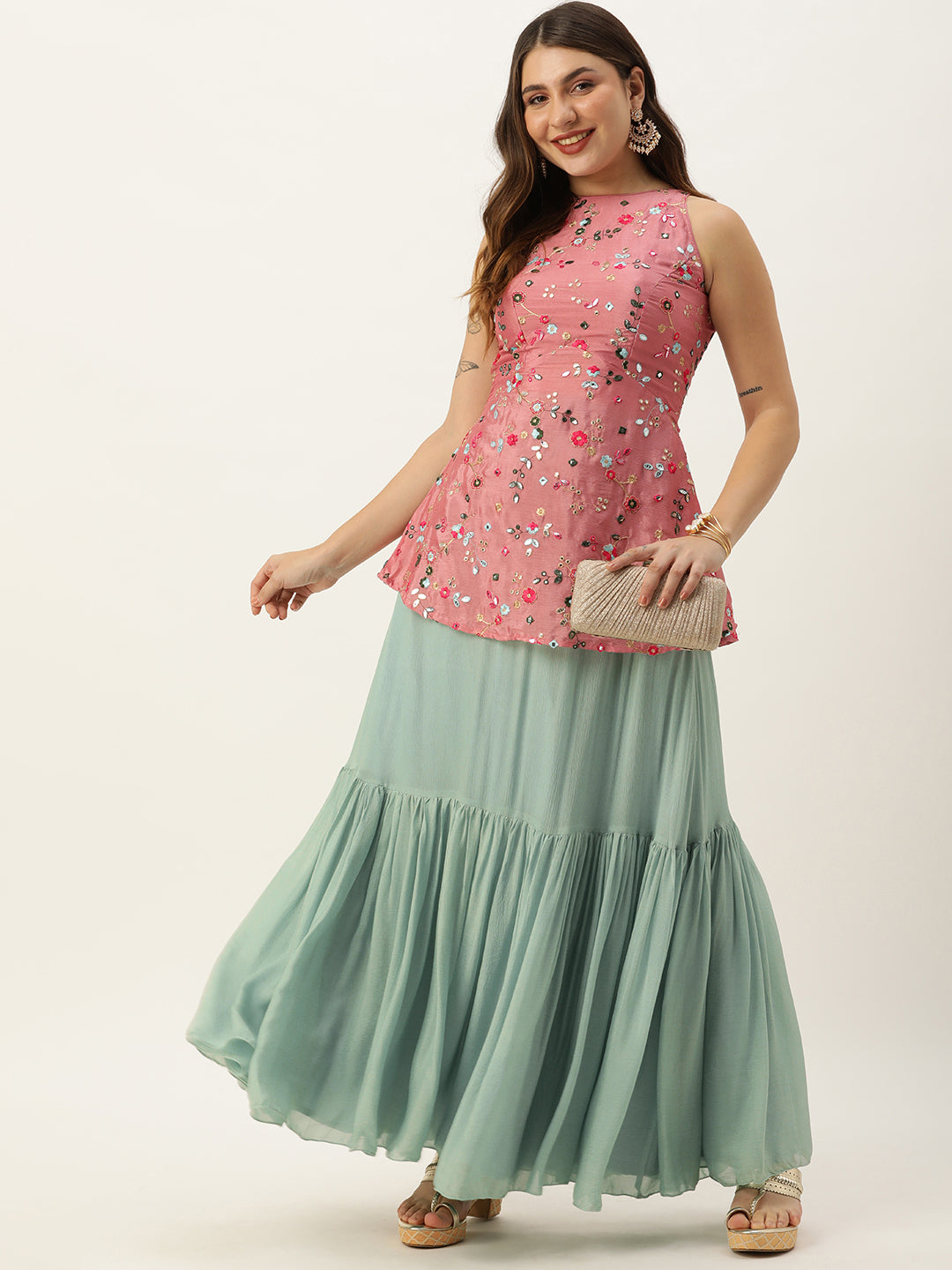 Bollywood Vogue Ready To Wear Rouge Pink N Blue Chinon Embroidered Skirt Set - Look Shot