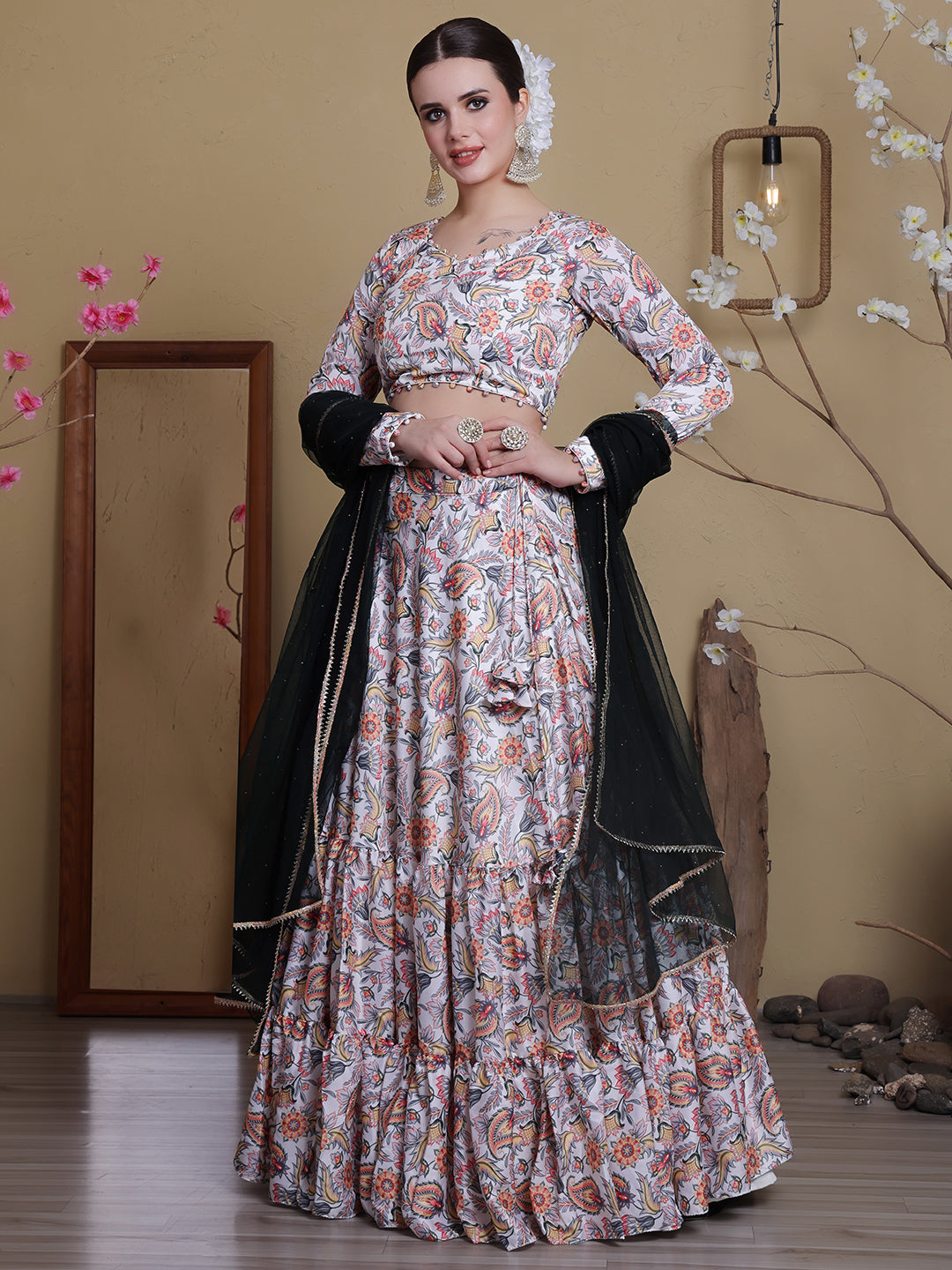 Bollywood Vogue Ready To Wear White Satin Digital Print Lehenga Set - Front View