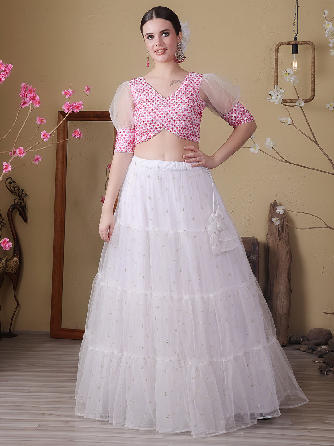 Bollywood Vogue Ready To Wear Off White Embroidered Georgette N Net Lehenga Set - Side View