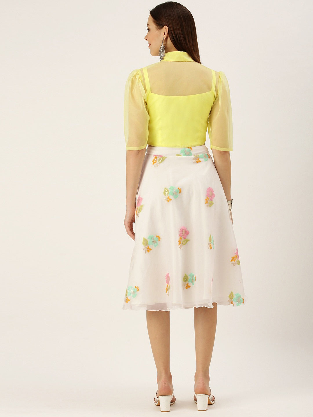 Bollywood Vogue Ready To Wear Floral Organza Skirt Blouse With Jacket Set - Back View