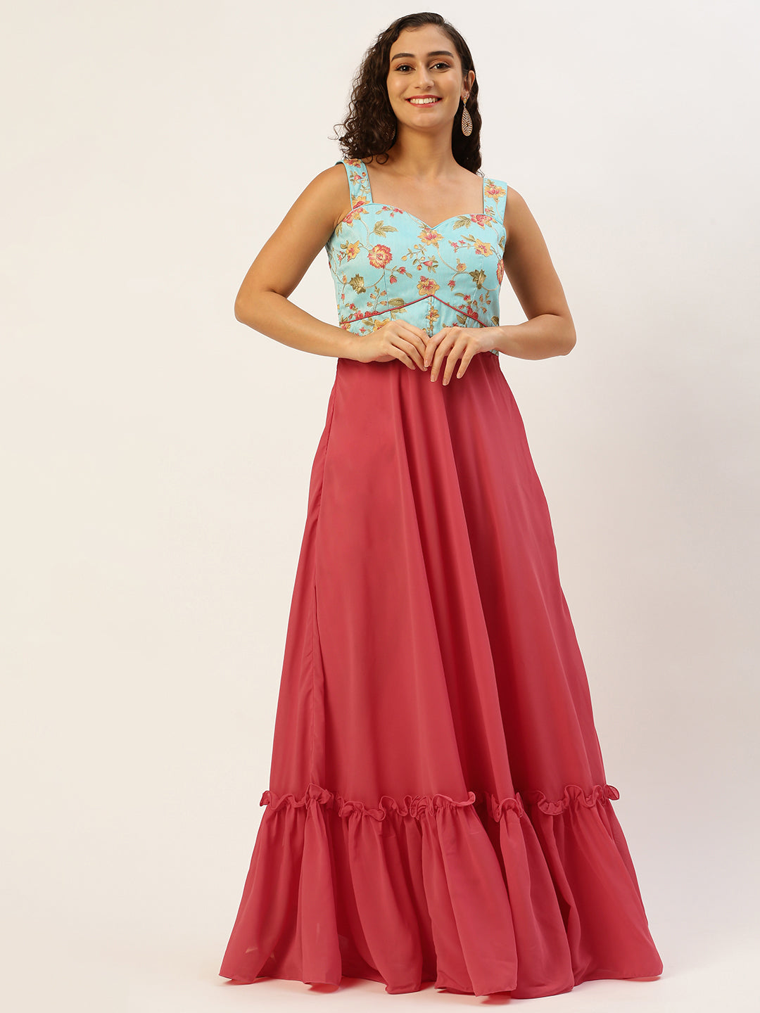Bollywood Vogue Ready To Wear Blue N Pink Georgette Gown - Front View