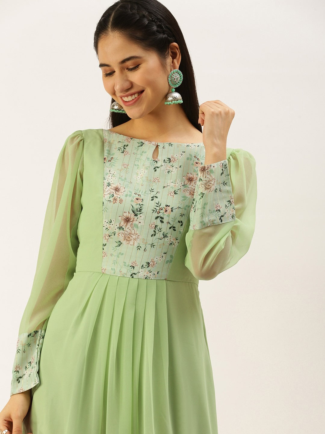 Bollywood Vogue Ready To Wear Green Digital Printed Dress - Look Shot