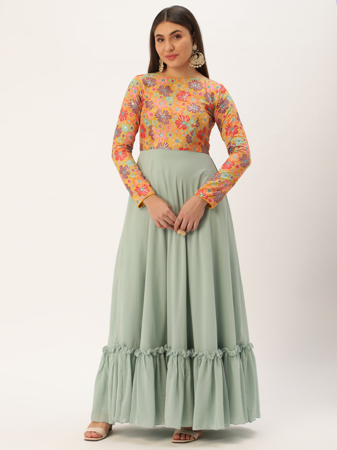 Bollywood Vogue Ready To Wear Multicolored Embroidered N Green Georgette Gown - Front View