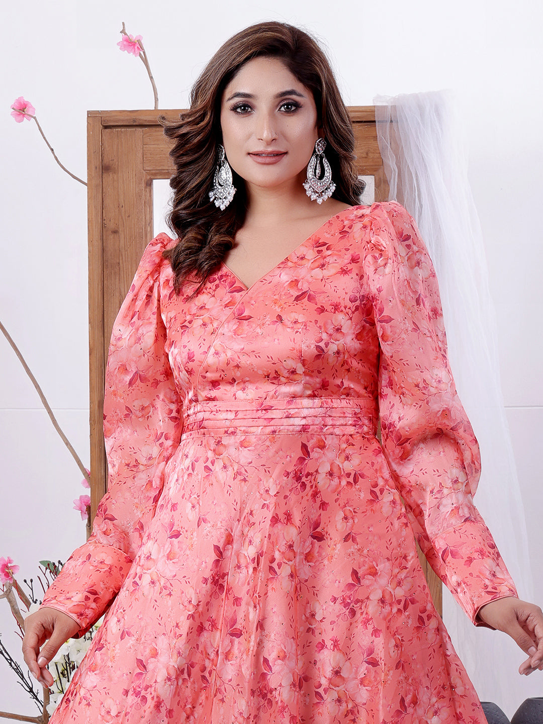 Bollywood Vogue Ready To Wear Multicolored Organza Satin Overlapped Style Gown - Detail View