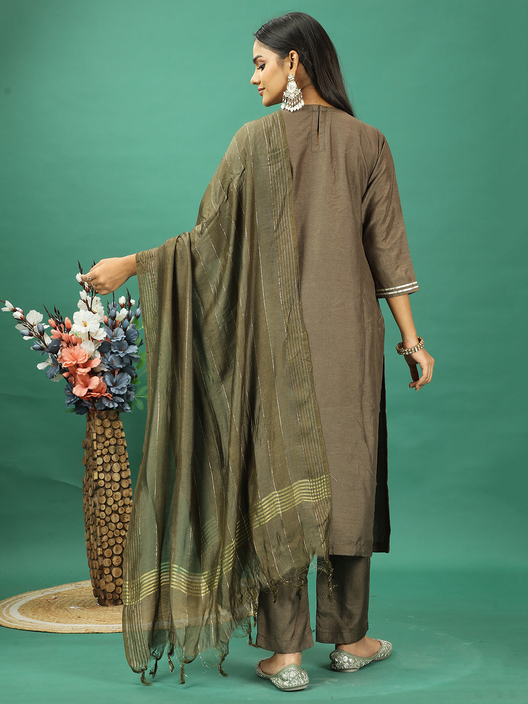 Bollywood Vogue Ready To Wear Green Art Silk Straight Pant Suit - Back View