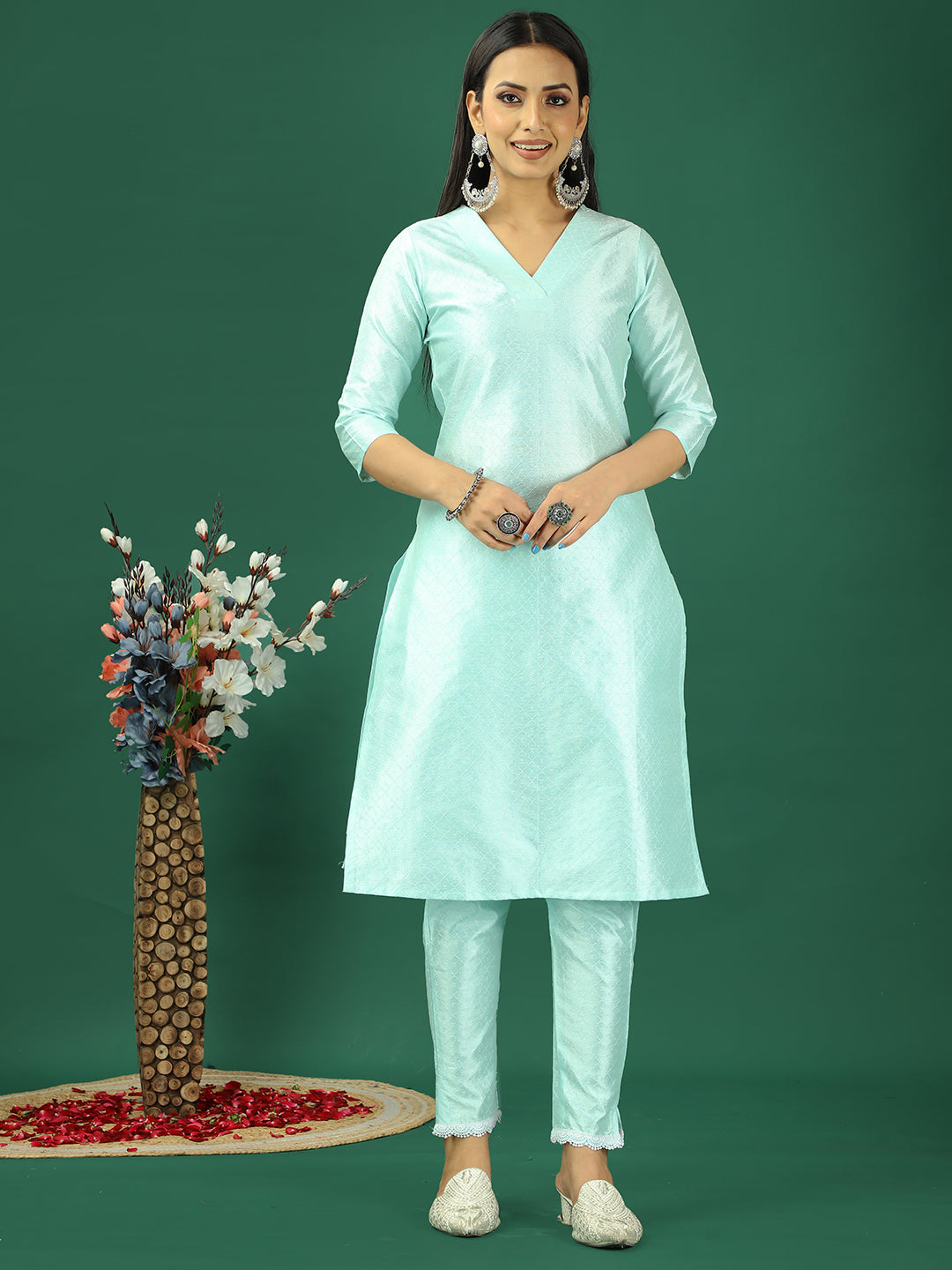 Bollywood Vogue Ready To Wear Sea Green Art Silk Straight Pant Kurta Sets - Front View