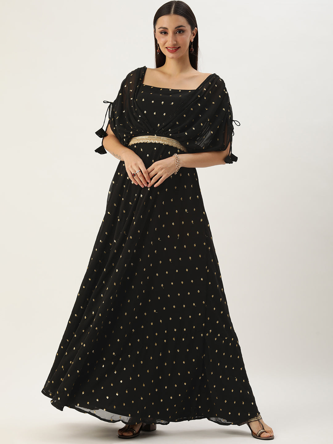 Bollywood Vogue Ready To Wear Black Georgette Embroidered Overlap Draped Gown - Front View