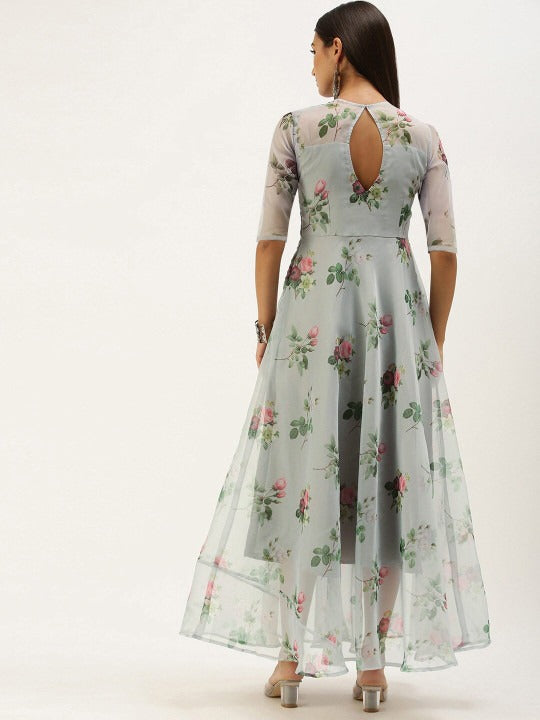 Bollywood Vogue Ready To Wear Grey Organza Digital Printed Dress - Back View