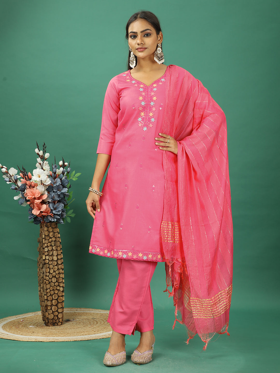 Bollywood Vogue Ready To Wear Pink Rayon Embroidered Straight Pant Suit - Additional View 2