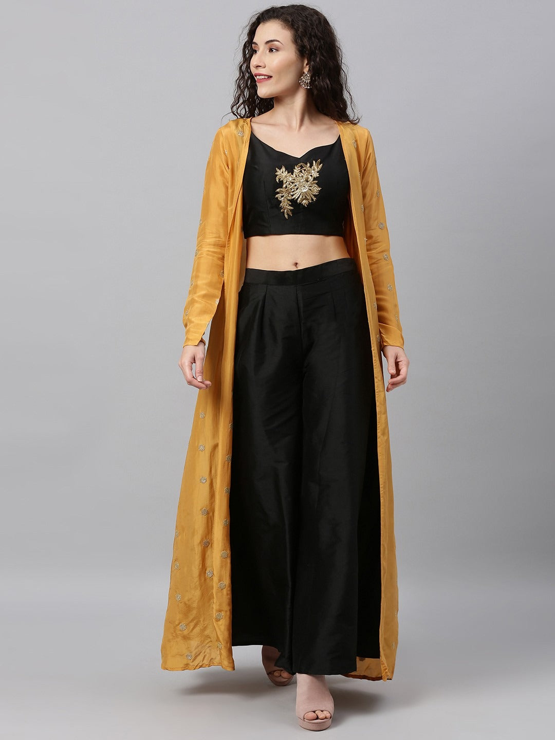 Bollywood Vogue Ready To Wear Embroidered Crop Top N Palazzo Bottom With Jacket - Front View