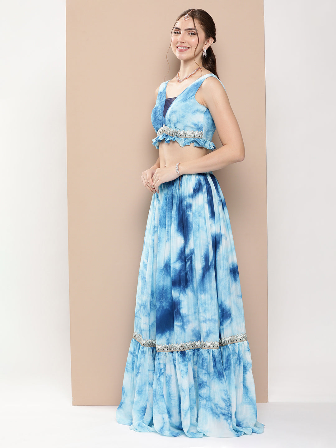 Bollywood Vogue Ready To Wear Multicolored Tie Dye Chinon Lehenga Set - Detail View