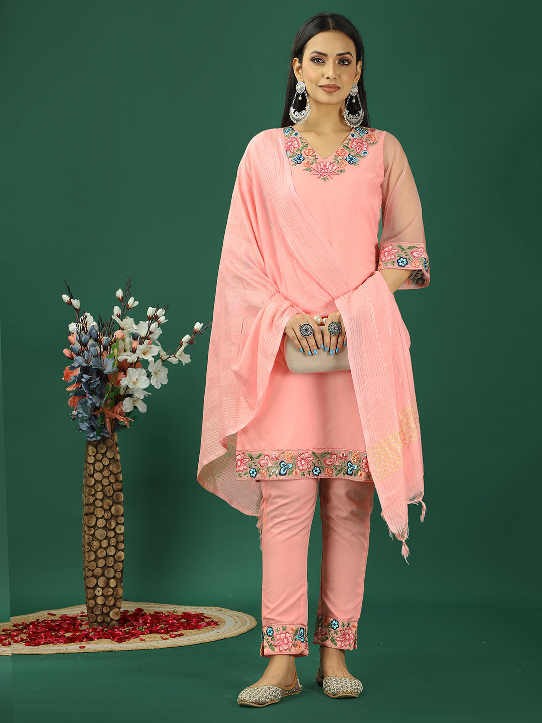 Bollywood Vogue Ready To Wear Pink Organza Embroidred Straight Pant Suit - Front View