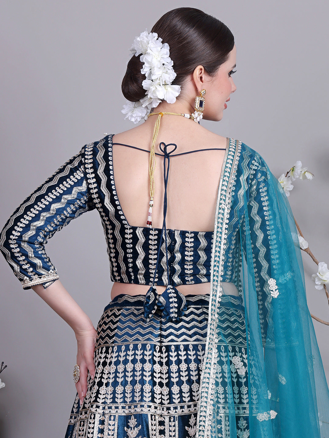 Bollywood Vogue Ready To Wear Classic Blouse With Teal Blue Velvet Lehenga - Additional View 1