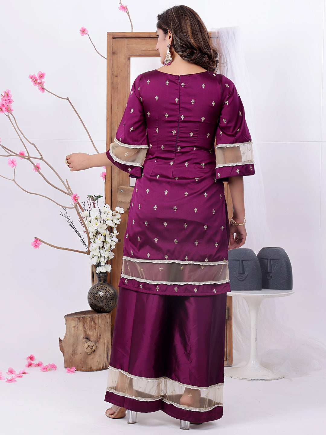 Bollywood Vogue Ready To Wear Wine Art Silk Embroidered Palazzo Suit - Detail View