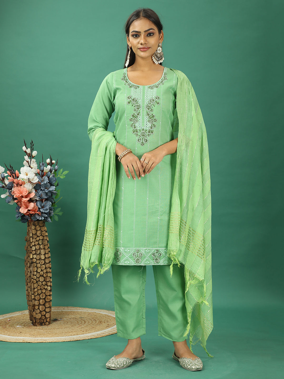Bollywood Vogue Ready To Wear Green Rayon Embroidered Straight Pant Suit - Additional View 2