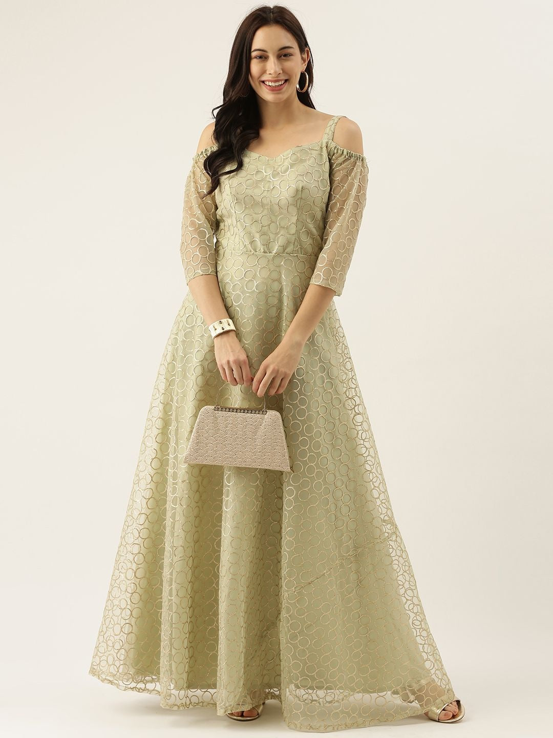 Bollywood Vogue Ready To Wear Green Net Embroidered Strap Neck Gown - Side View