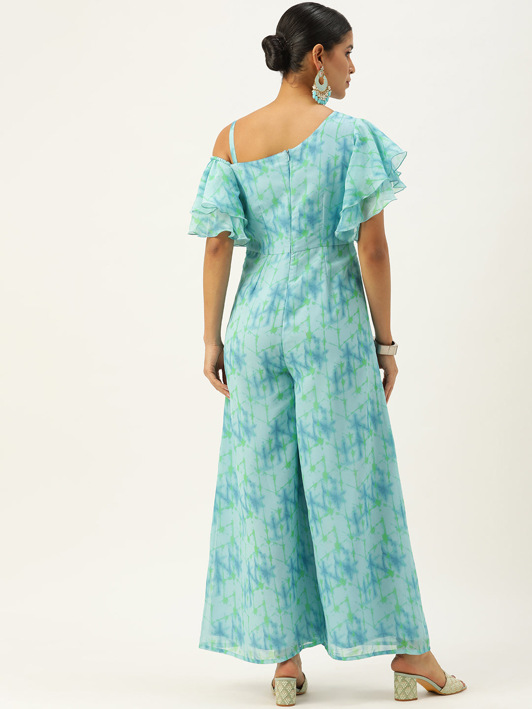 Bollywood Vogue Ready To Wear Blue Digital Printed Georgette Jumpsuit - Back View
